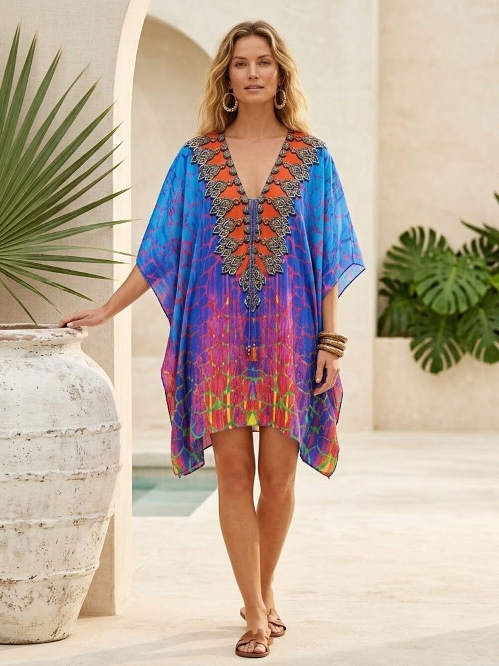 Sakkas Kristy Caftan Dress/Cover Up Mumu Long Tall Lightweight V-Neck Jewels O/S